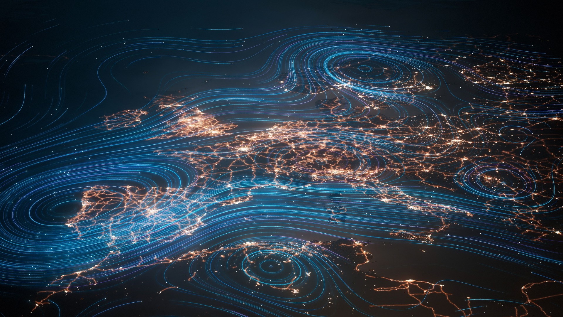 Light Trails Over Europe - Data Flow, Connections, Innovation, Technology